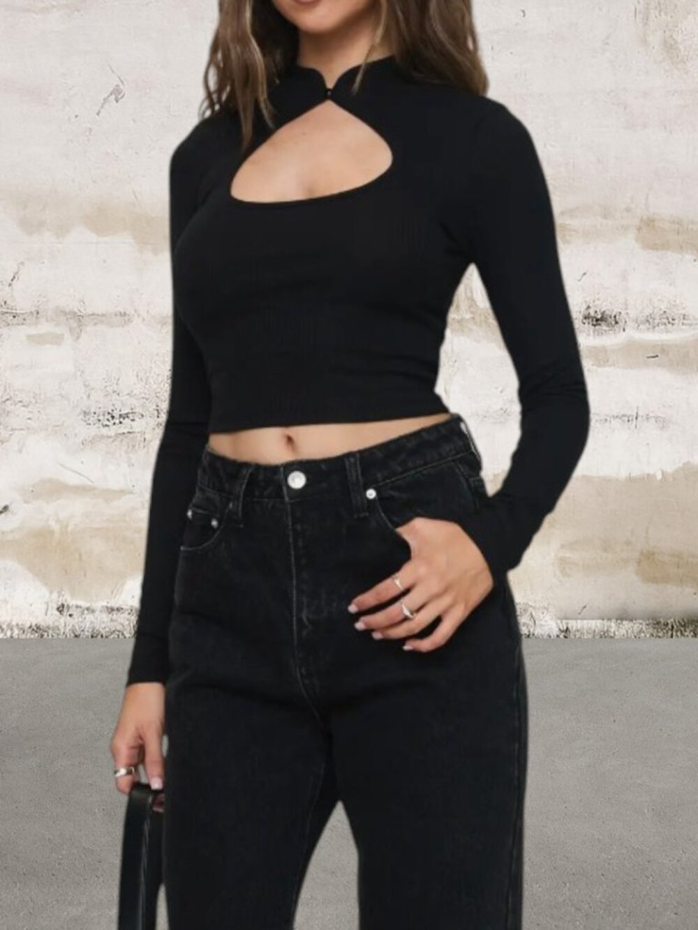 Princess Polly Carenza Cutout Long Sleeve Rib Top Black Size 6